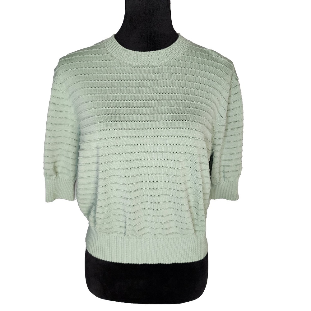 FRYE Size Large Green Loose 100% Cotton Short Sleeve Ribbed Sweater 110048101 EC